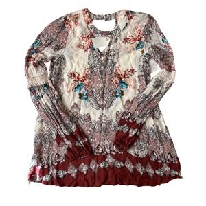 Coco + Jaimeson Boho Floral Paisley Long Sleeve Tunic Top Cream Burgundy XS NWT